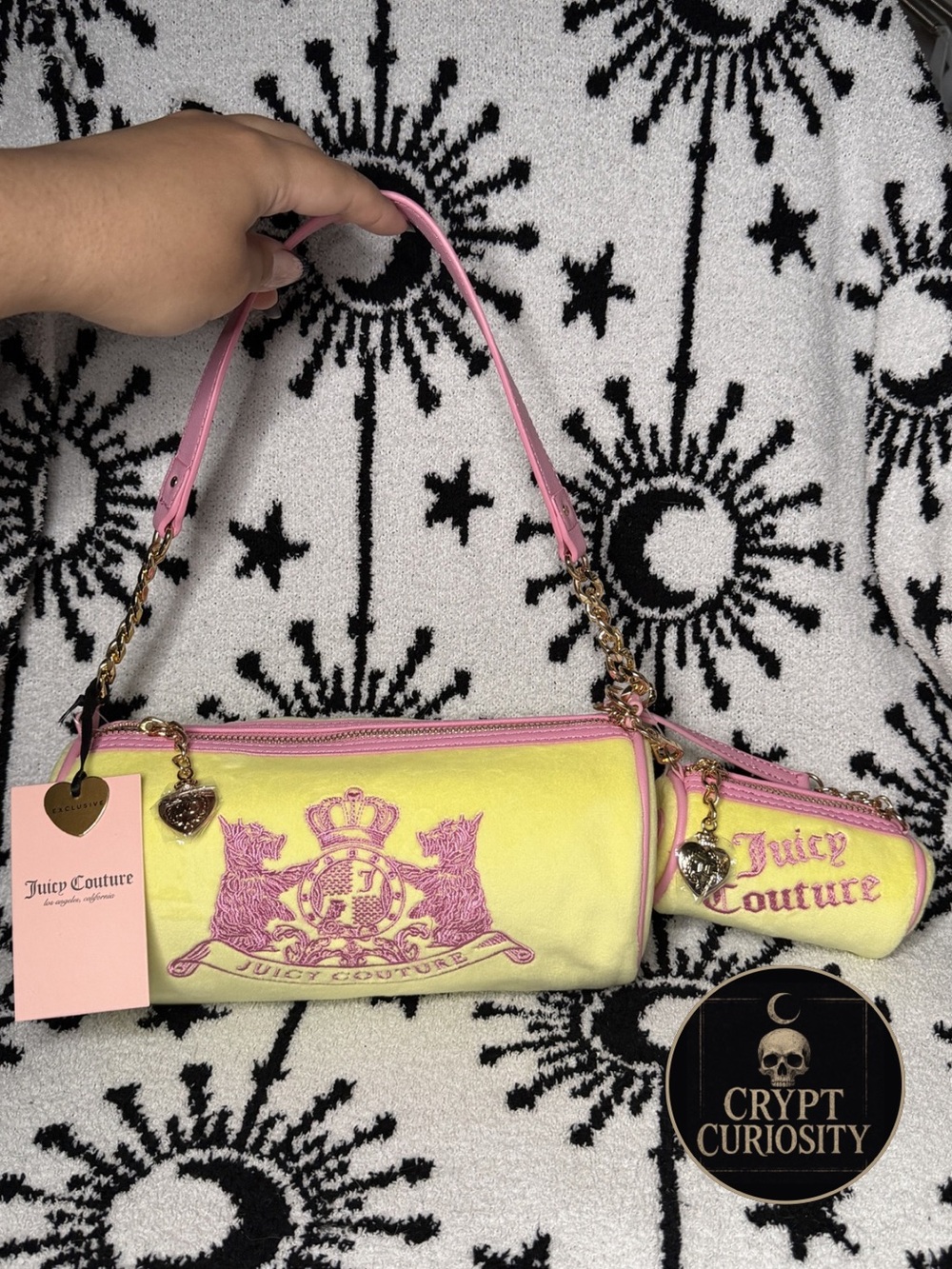 NWT Juicy Couture Scottie Barrel Bag with Mini Bag Charm Iris Yellow & Pink